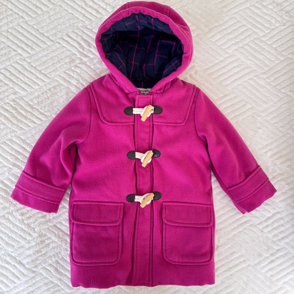 JoJo Maman Bebe 12-18M Pink Duffle Coat Hooded Toggle Plaid Lined Toddler Girl